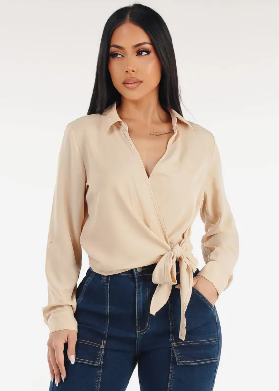 Long Sleeve Surplice Blouse Beige w Tie Front made by Moda