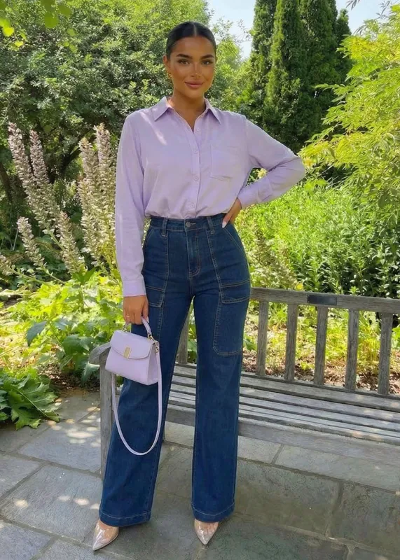 Long Sleeve Button Down Twill Collared Blouse Light Purple made by Moda