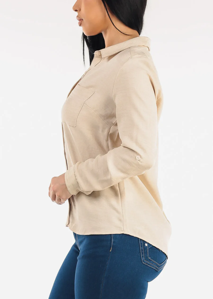 Long Sleeve Button Up Linen Collared Blouse Beige sold by Moda product image thumbnail 3