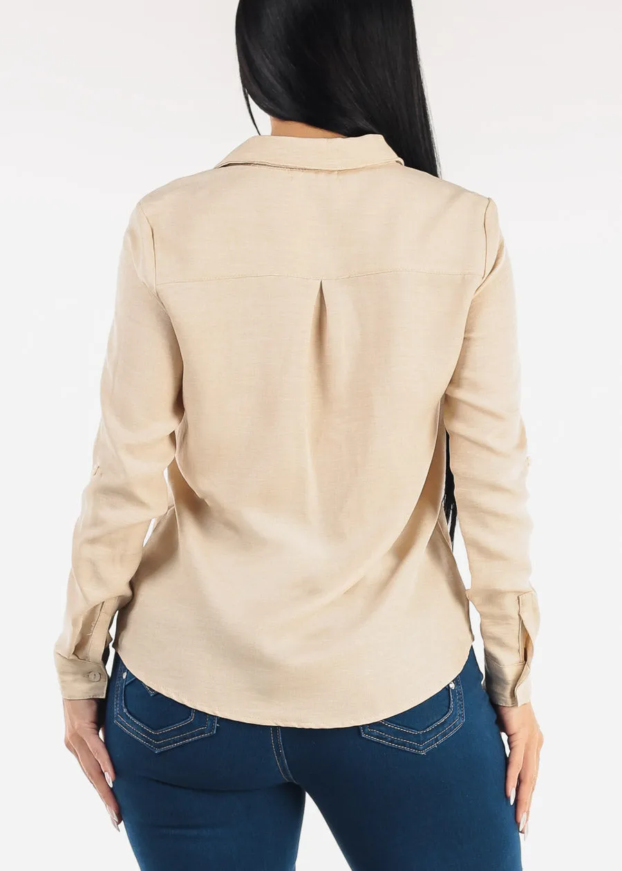 Long Sleeve Button Up Linen Collared Blouse Beige sold by Moda product image thumbnail 4