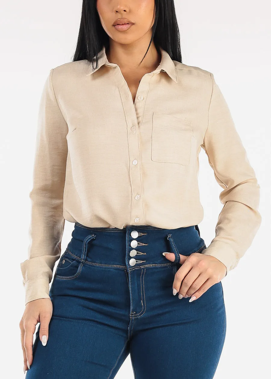 Long Sleeve Button Up Linen Collared Blouse Beige sold by Moda