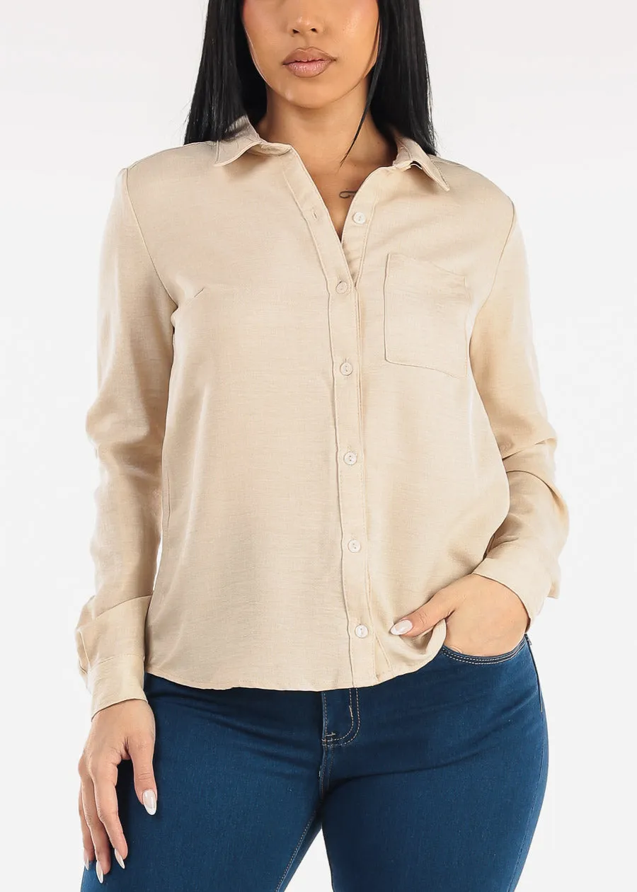 Long Sleeve Button Up Linen Collared Blouse Beige sold by Moda product image thumbnail 5