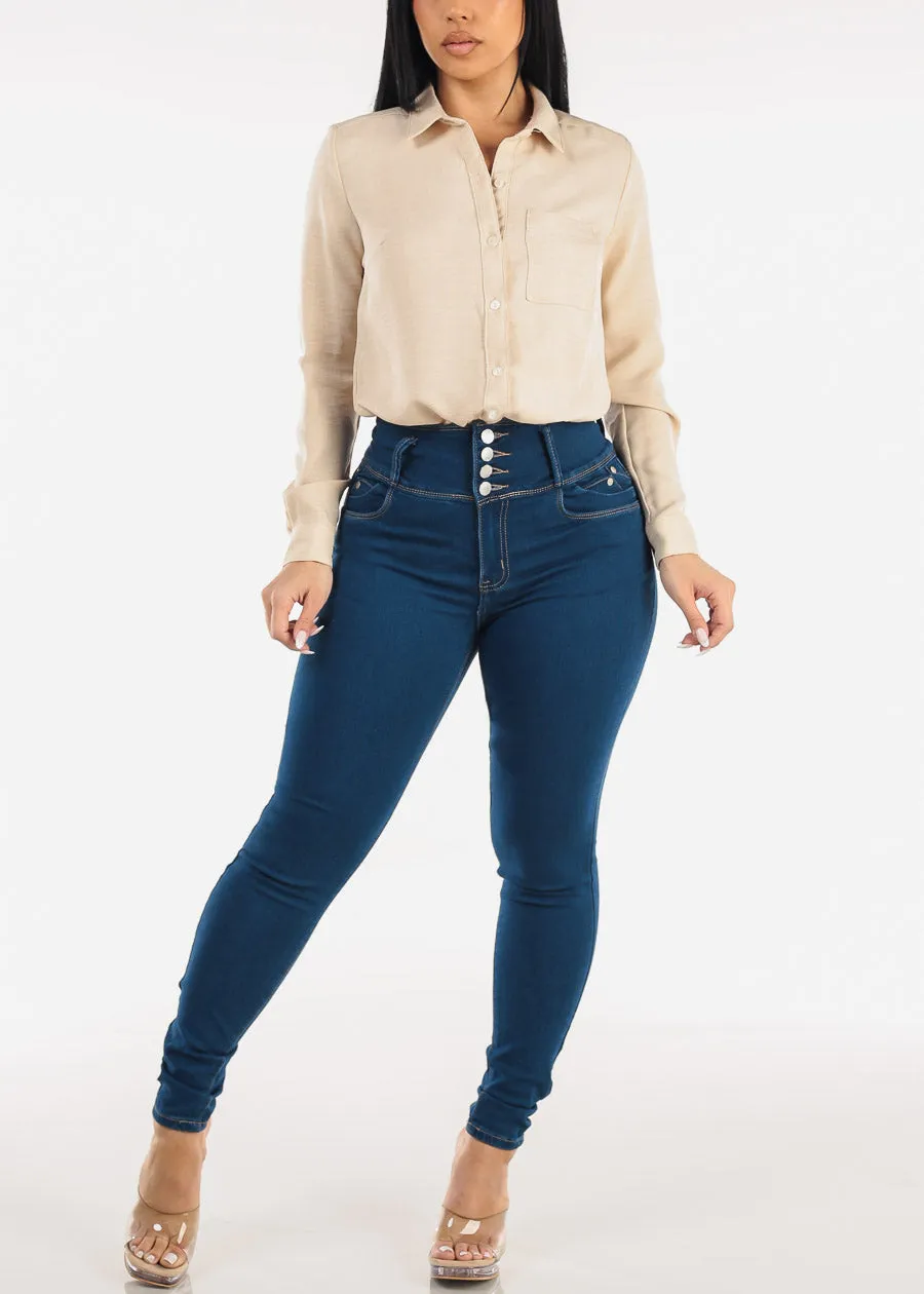 Long Sleeve Button Up Linen Collared Blouse Beige sold by Moda product image thumbnail 2