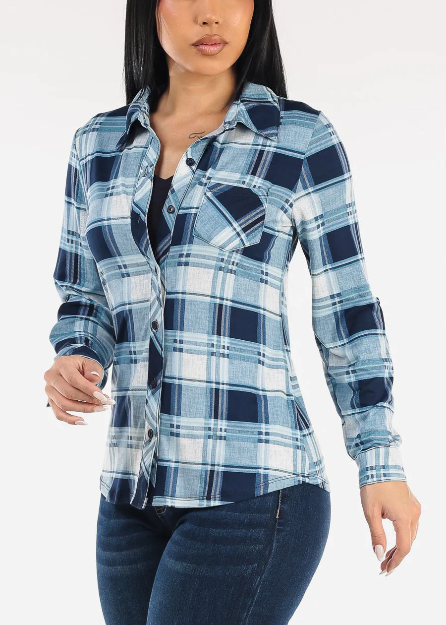 Stretch Long Sleeve Plaid Button Up Collared Blouse Navy & Blue sold by Moda product image thumbnail 5