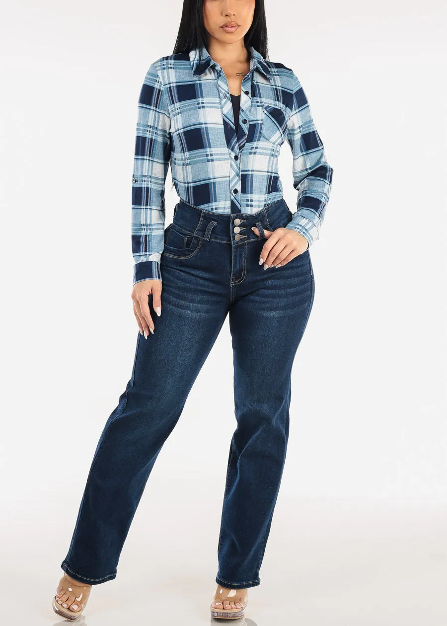 Stretch Long Sleeve Plaid Button Up Collared Blouse Navy & Blue sold by Moda product image thumbnail 2