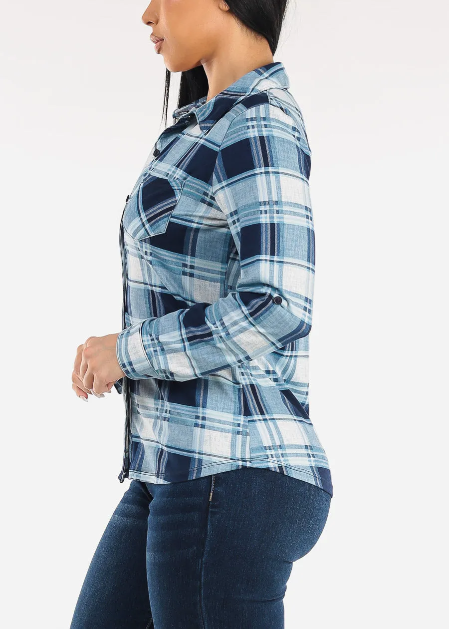 Stretch Long Sleeve Plaid Button Up Collared Blouse Navy & Blue sold by Moda product image thumbnail 3