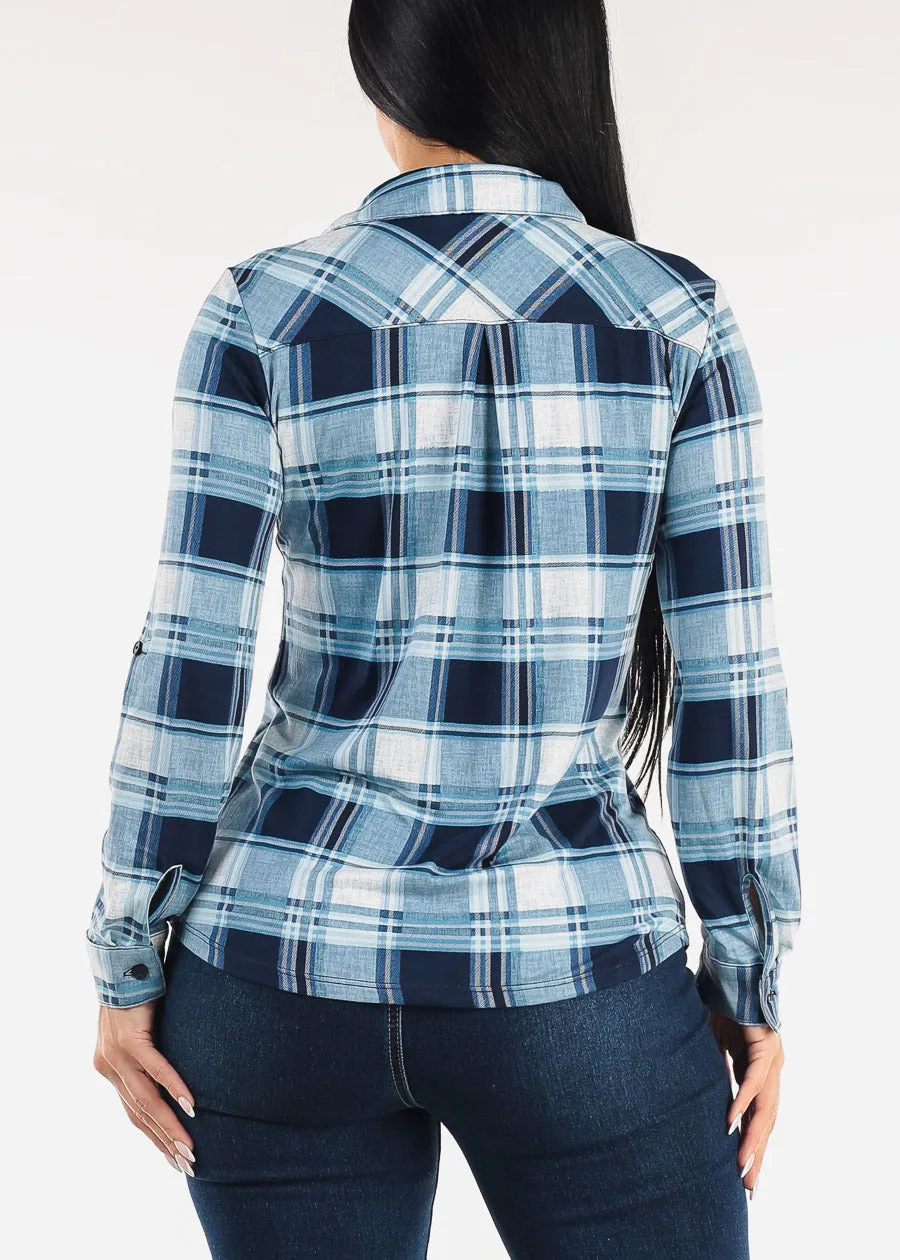 Stretch Long Sleeve Plaid Button Up Collared Blouse Navy & Blue sold by Moda product image thumbnail 4