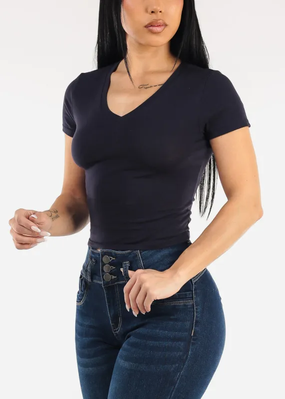 Stretch Short Sleeve Vneck Crop Top Navy made by Active Basic