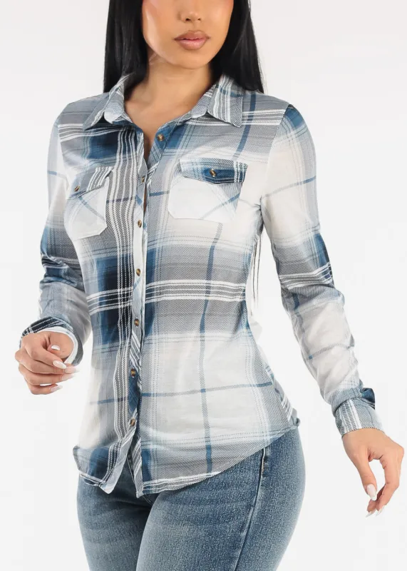 Stretch Long Sleeve Plaid Button Up Collared Blouse Ivory Blue made by Moda