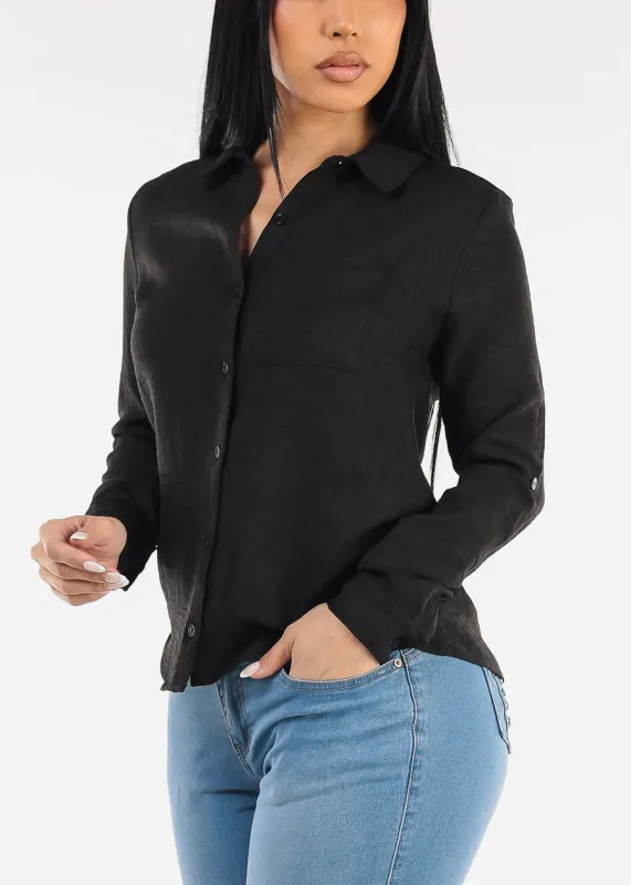 Long Sleeve Button Up Linen Collared Blouse Black made by Moda