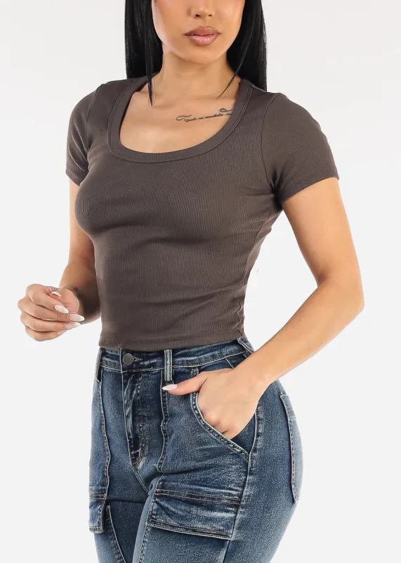 Short Sleeve Round Neck Stretch Cotton Crop Top Charcoal sold by Moda