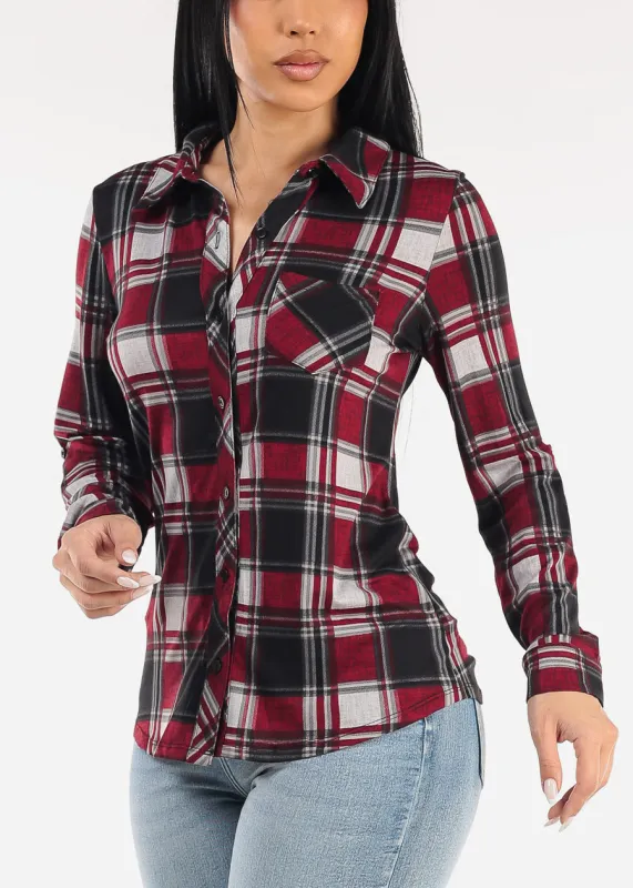 Stretch Long Sleeve Plaid Button Up Collared Blouse Wine & Black sold by Moda
