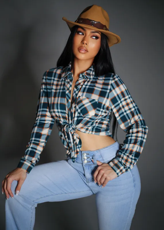 Stretch Long Sleeve Plaid Button Up Collared Blouse Teal made by Moda