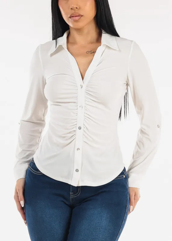 Stretch Long Sleeve Ruched Button Up Collared Blouse Off White sold by Moda