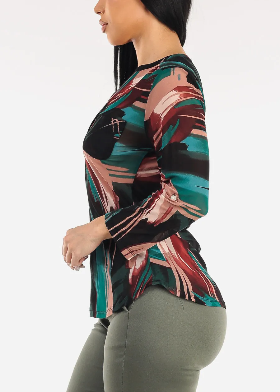 Quarter Sleeve Half Button Up Mesh Printed Blouse Black sold by Moda product image thumbnail 3