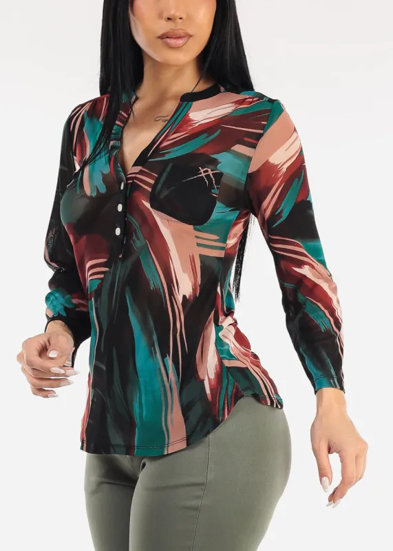 Quarter Sleeve Half Button Up Mesh Printed Blouse Black made by Moda