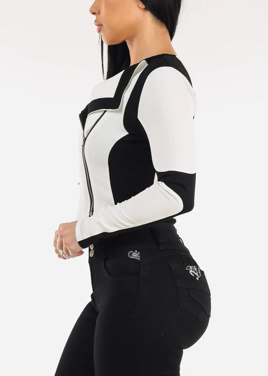 Long Sleeve Zip Up Colorblock Crop Jacket Black & White sold by Moda product image thumbnail 4