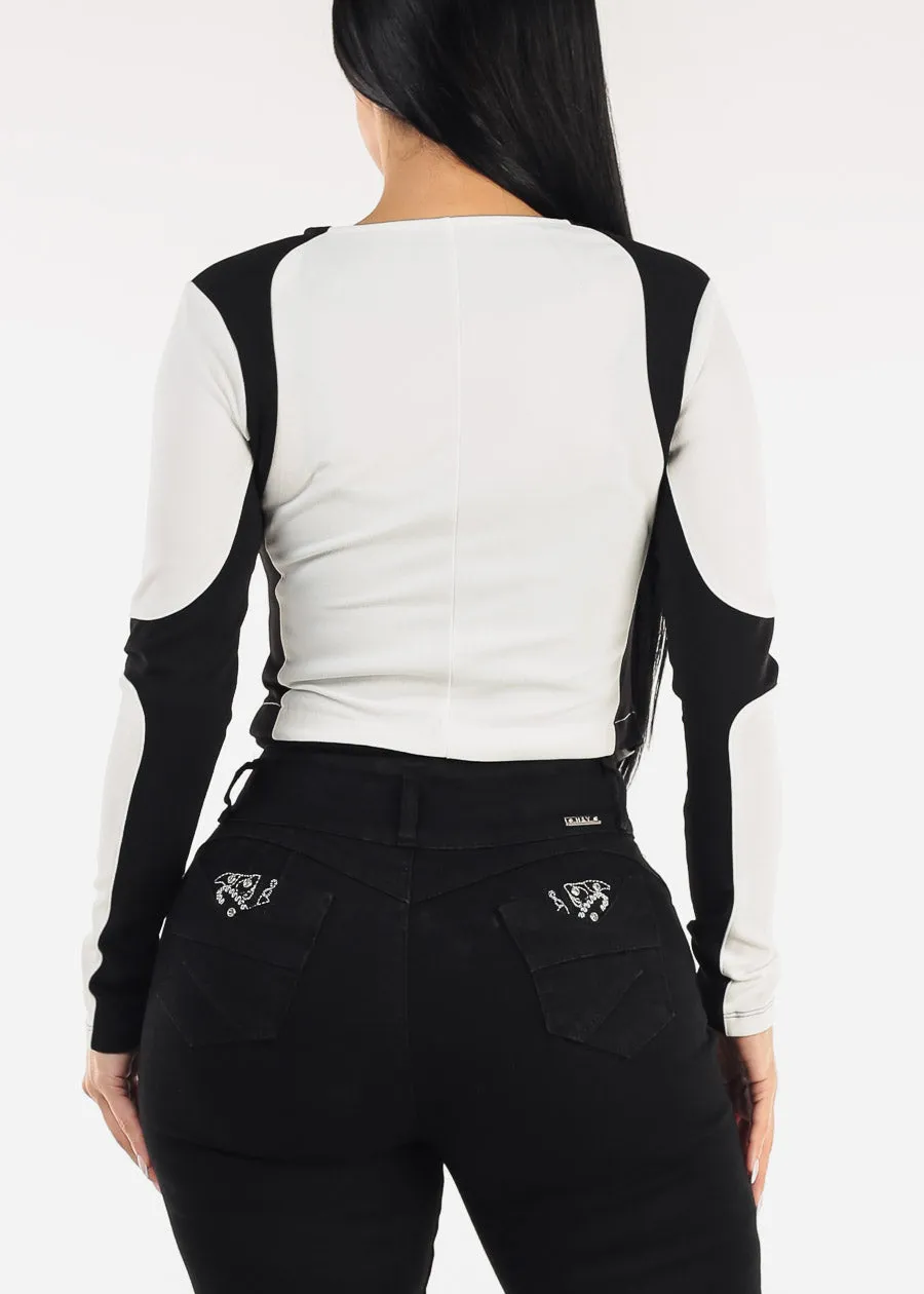 Long Sleeve Zip Up Colorblock Crop Jacket Black & White sold by Moda product image thumbnail 5