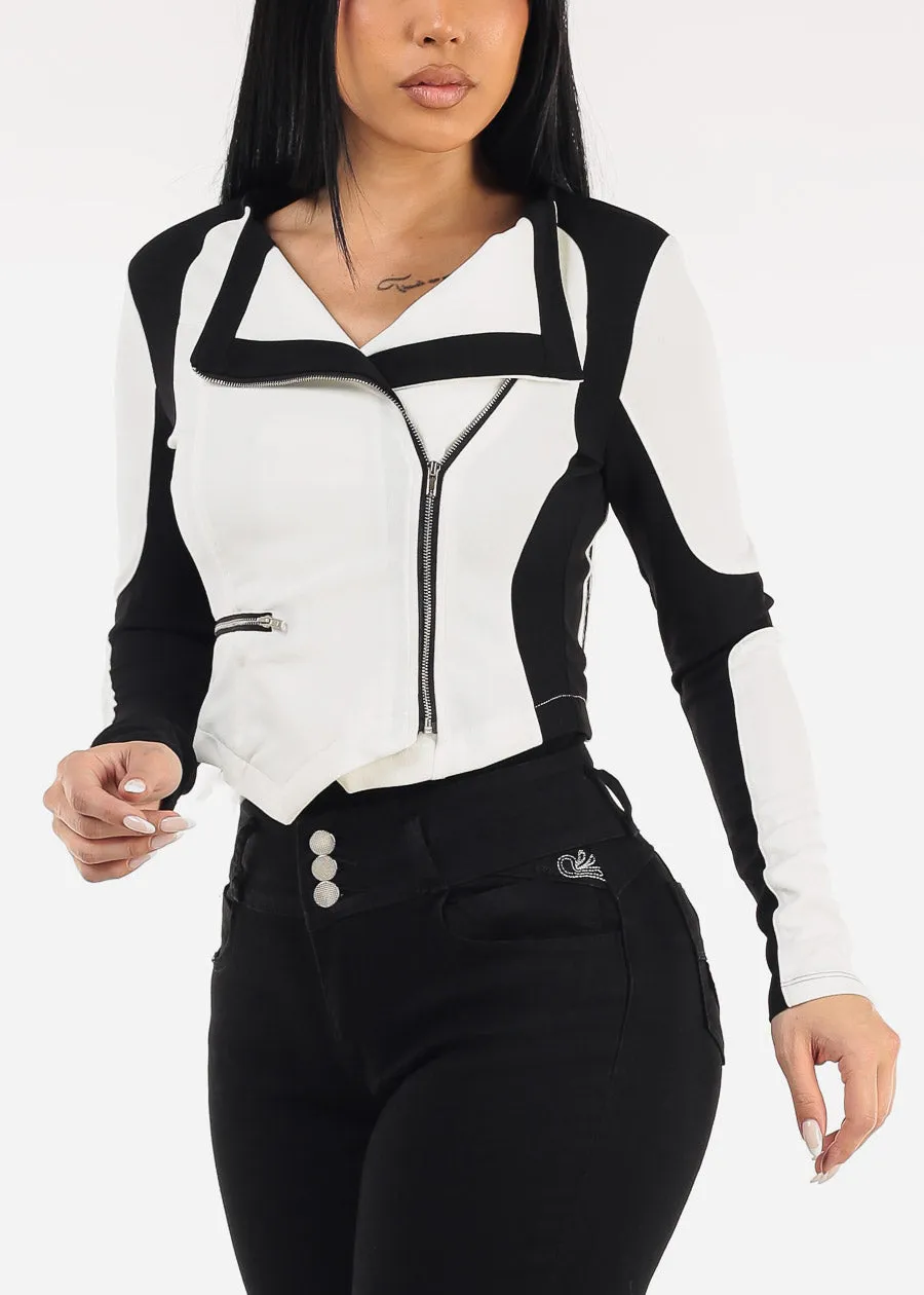 Long Sleeve Zip Up Colorblock Crop Jacket Black & White sold by Moda product image thumbnail 3