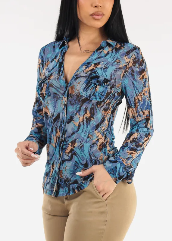 Stretch Long Sleeve Button Up Mesh Blouse Abstract Print Blue made by Moda