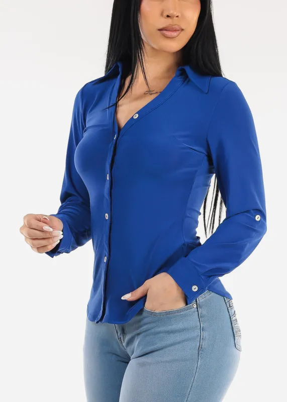 Stretchy Long Sleeve Button Down Collared Blouse Blue made by Moda