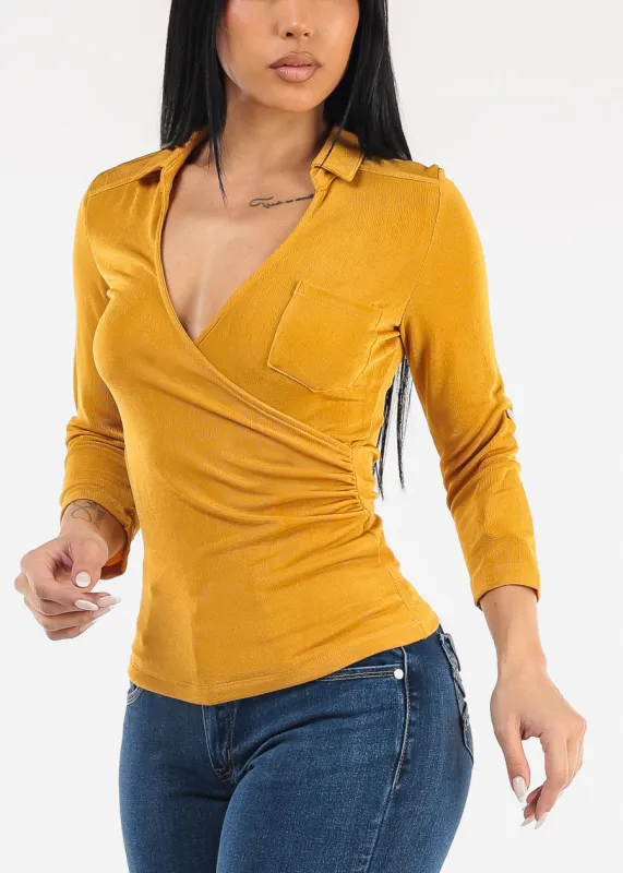 Quarter Sleeve Stretch Surplice Blouse Mustard sold by Moda