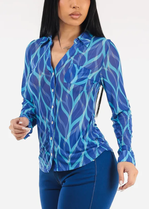 Stretch Long Sleeve Button Up Mesh Blouse Leaf Print Blue made by Moda
