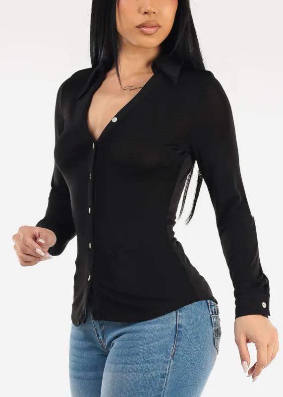 Stretch Long Sleeve Button Down Collared Blouse Black made by Moda