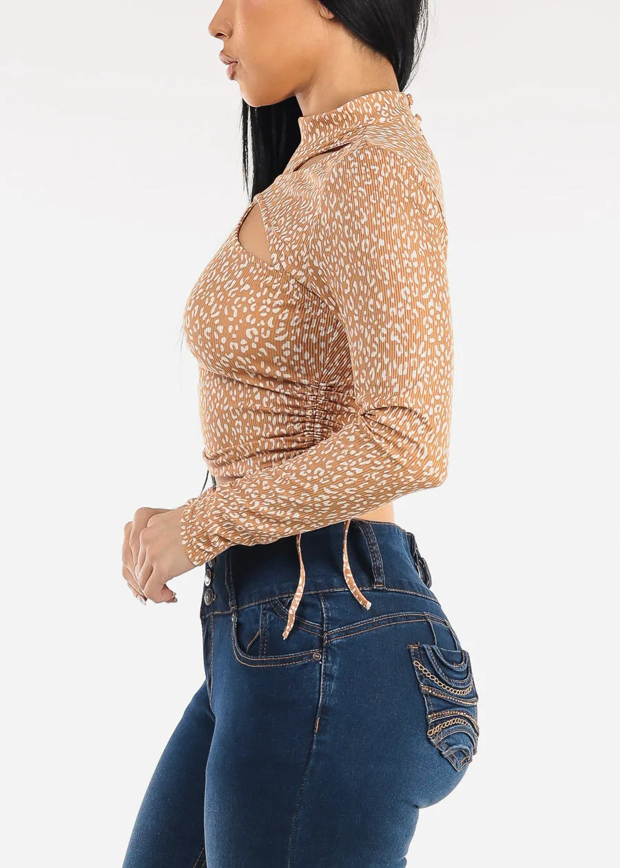 Long Sleeve Cut Out Animal Print Ribbed Crop Top Mocha sold by Moda product image thumbnail 3
