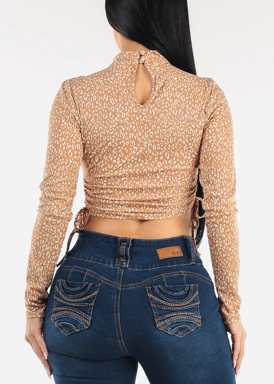 Long Sleeve Cut Out Animal Print Ribbed Crop Top Mocha sold by Moda product image thumbnail 4
