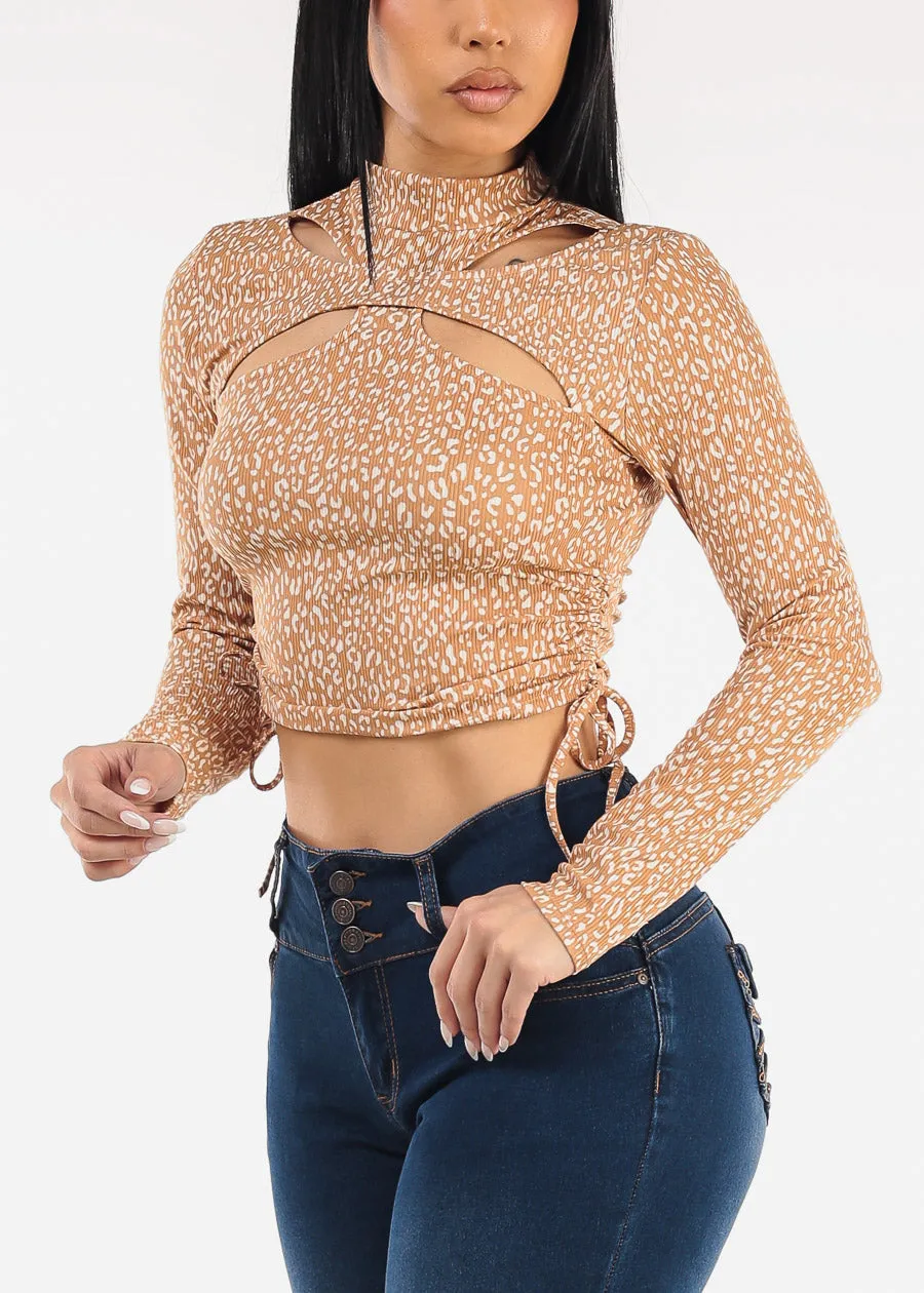 Long Sleeve Cut Out Animal Print Ribbed Crop Top Mocha sold by Moda