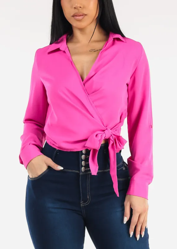 Long Sleeve Surplice Blouse Hot Pink w Tie Front made by Moda