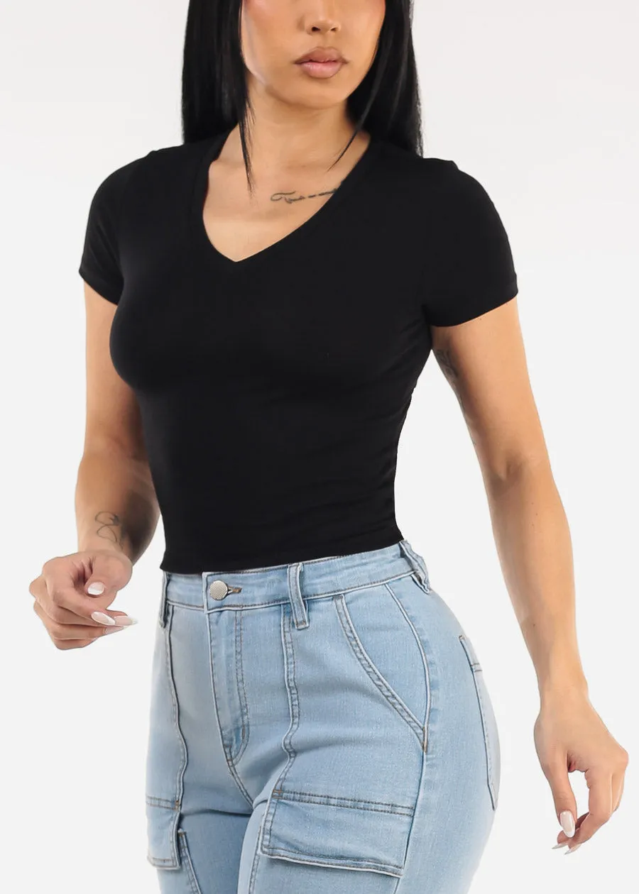 Stretch Short Sleeve Vneck Crop Top Black sold by Moda