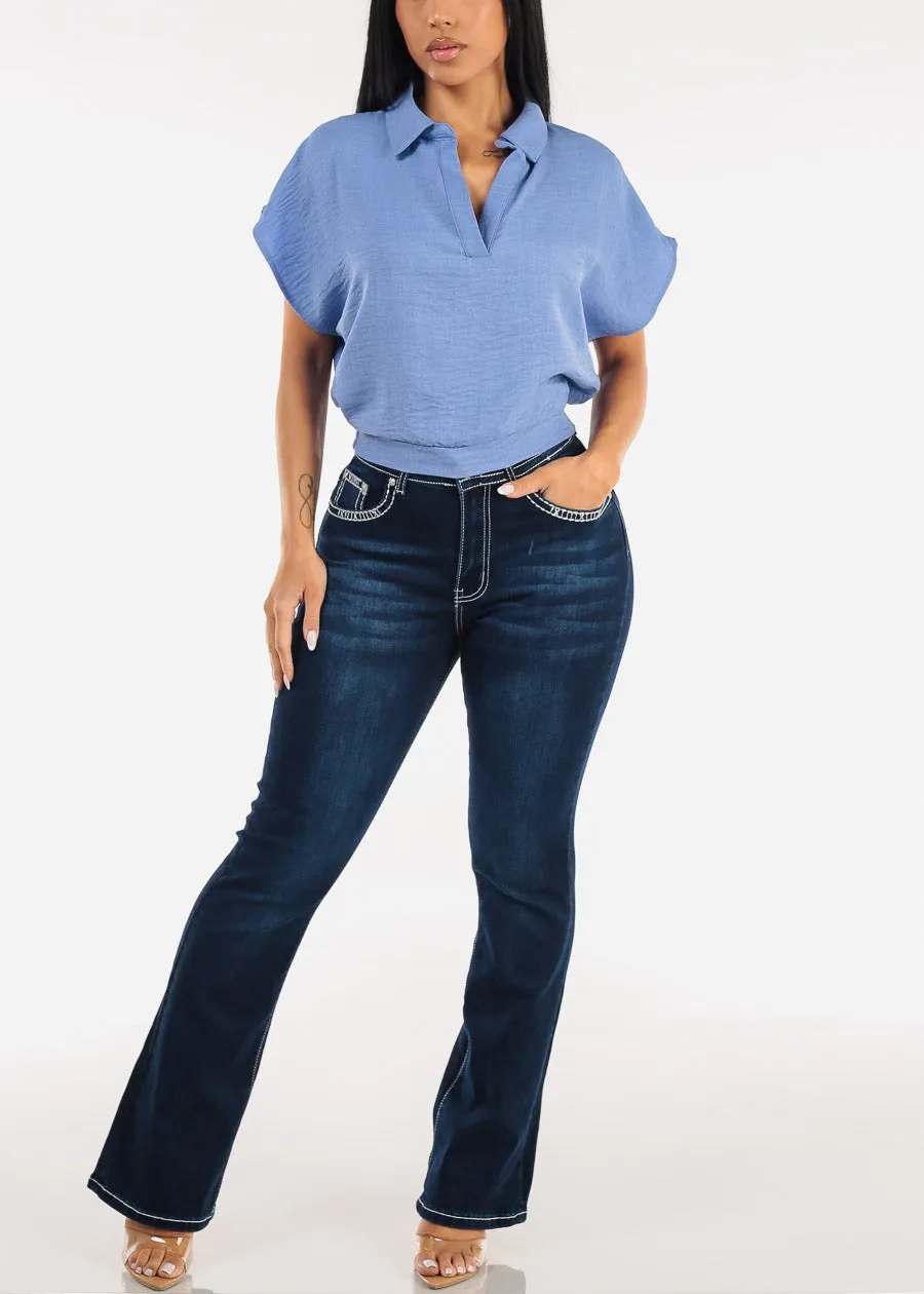 Short Sleeve Collared Linen Style Blouse Blue sold by Moda product image thumbnail 2