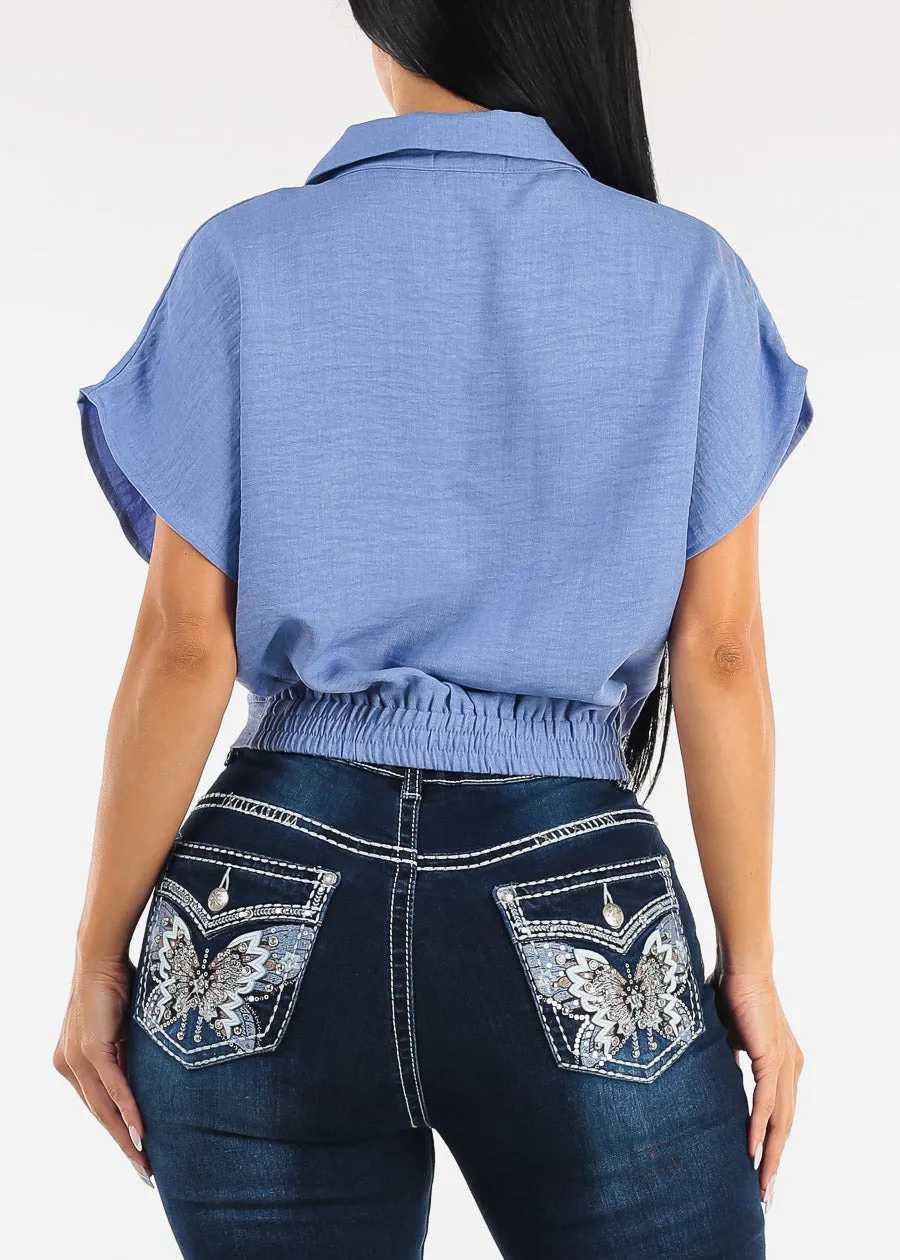 Short Sleeve Collared Linen Style Blouse Blue sold by Moda product image thumbnail 4