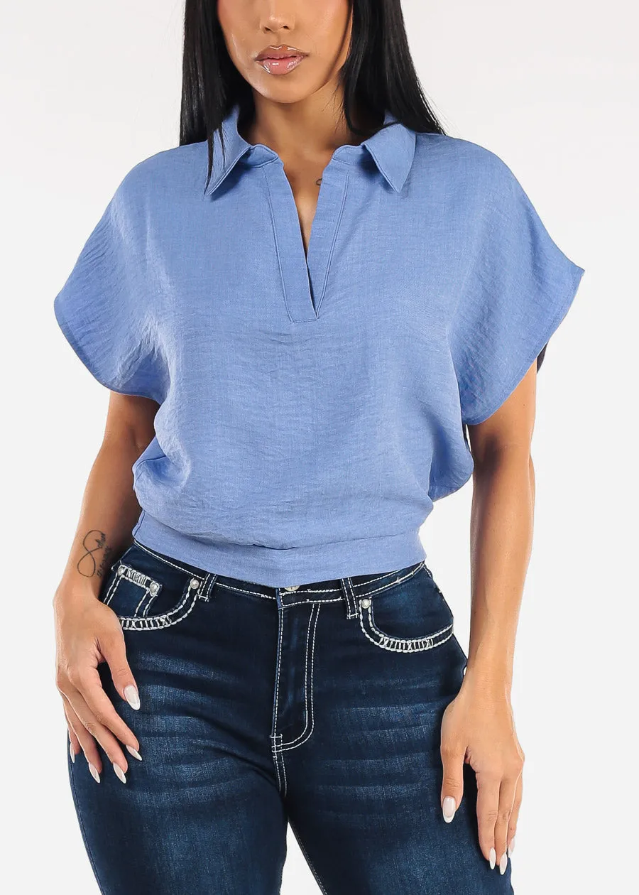 Short Sleeve Collared Linen Style Blouse Blue sold by Moda