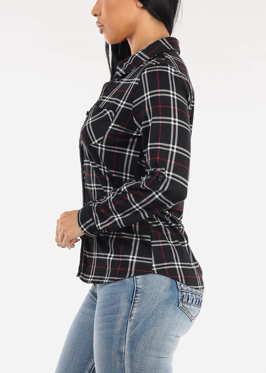 Stretch Long Sleeve Plaid Button Up Collared Blouse Black sold by Moda product image thumbnail 3
