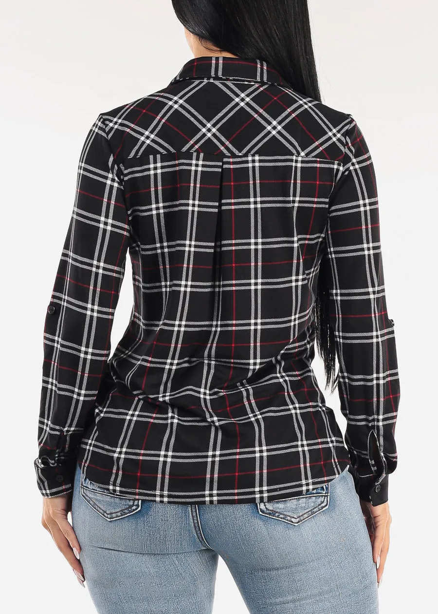 Stretch Long Sleeve Plaid Button Up Collared Blouse Black sold by Moda product image thumbnail 4