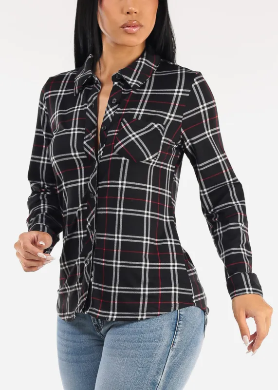Stretch Long Sleeve Plaid Button Up Collared Blouse Black made by Moda