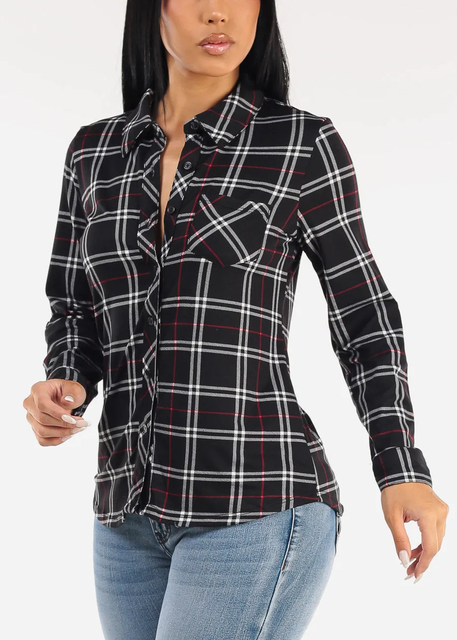 Stretch Long Sleeve Plaid Button Up Collared Blouse Black sold by Moda