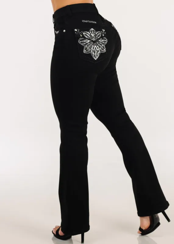 Stretchy High Waisted Black Bootcut Jeans w Back Pocket Design made by Moda
