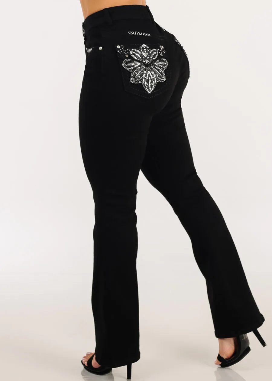 Stretchy High Waisted Black Bootcut Jeans w Back Pocket Design sold by Moda