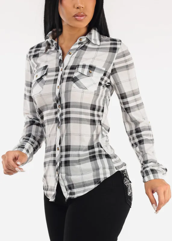 Stretch Long Sleeve Plaid Button Up Collared Blouse Ivory & Black made by Moda