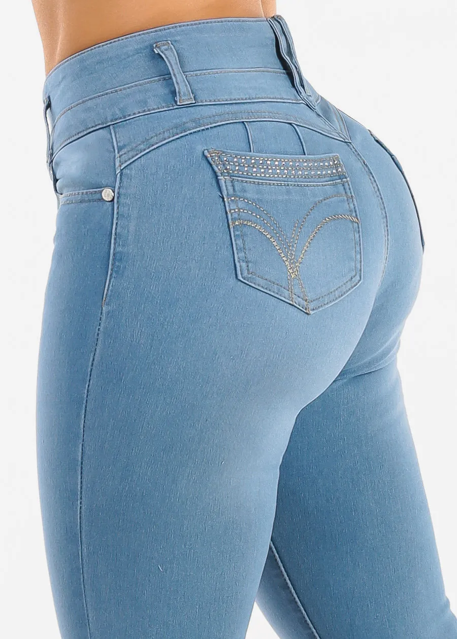 Levantacola High Waist Stretch Skinny Jeans Light Blue sold by Moda