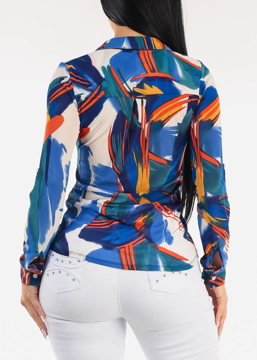Stretch Long Sleeve Button Up Mesh Blouse Multi Abstract Print sold by Moda product image thumbnail 4