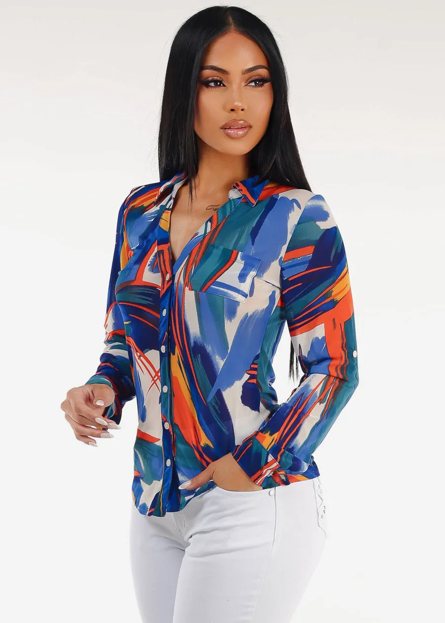 Stretch Long Sleeve Button Up Mesh Blouse Multi Abstract Print sold by Moda