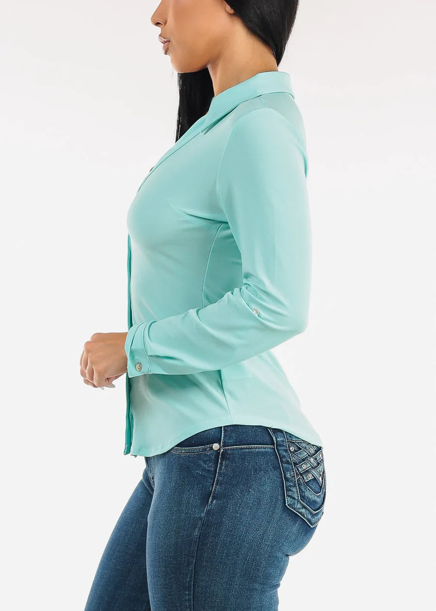 Stretchy Long Sleeve Button Down Collared Blouse Mint sold by Moda product image thumbnail 3