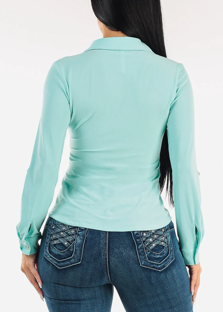 Stretchy Long Sleeve Button Down Collared Blouse Mint sold by Moda product image thumbnail 4