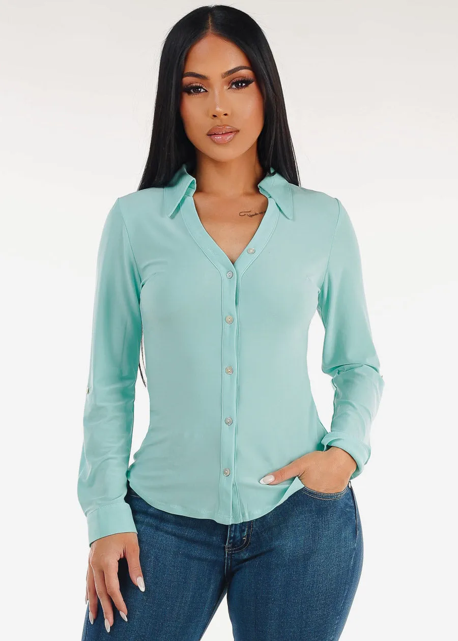 Stretchy Long Sleeve Button Down Collared Blouse Mint sold by Moda