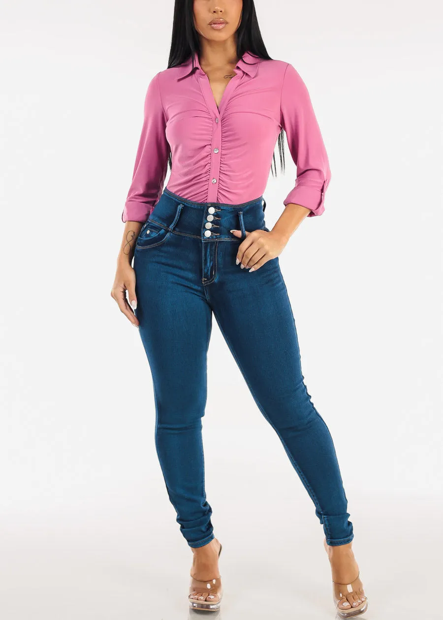 Stretch Long Sleeve Ruched Button Up Collared Blouse Candy sold by Moda product image thumbnail 2
